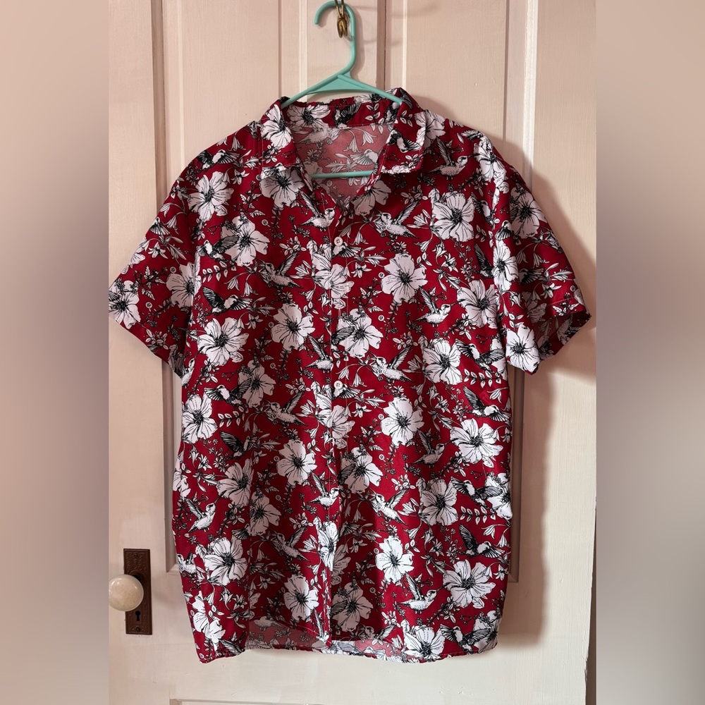 SHEIN Red Short-Sleeve Floral Button-Down Shirt